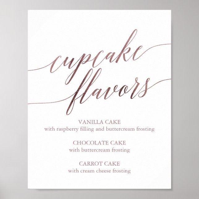 Elegant Rose Gold Calligraphy Cupcake Flavors Sign (Front)