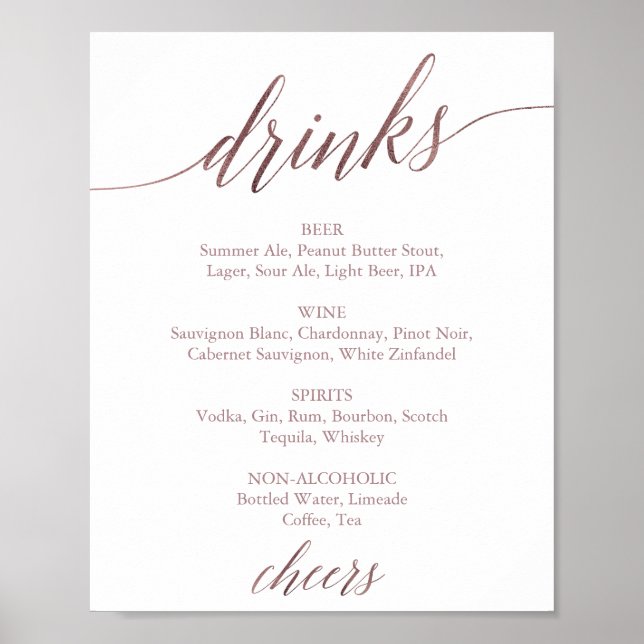Elegant Rose Gold Calligraphy Drink Menu Sign (Front)