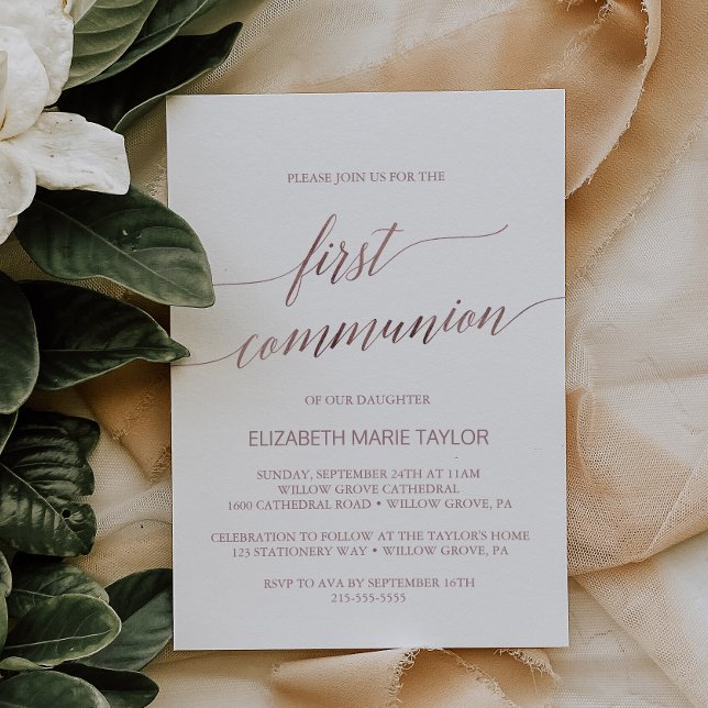 Elegant Rose Gold Calligraphy First Communion Invitation (Creator Uploaded)