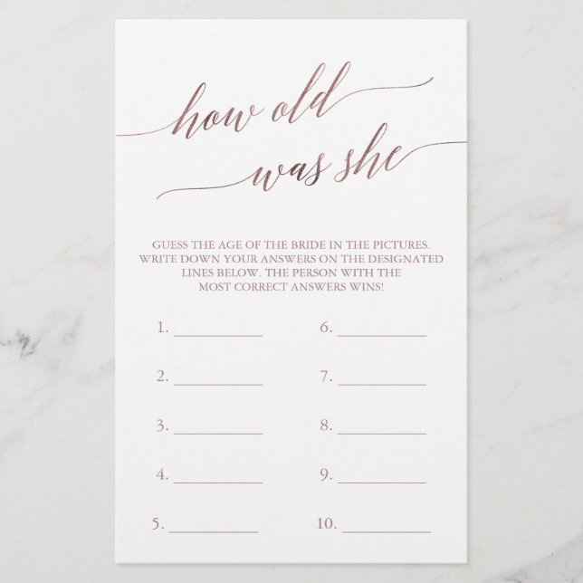 Elegant Rose Gold Calligraphy How Old Was She (Front)