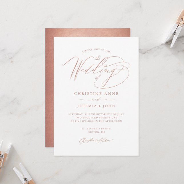 Elegant Rose Gold Calligraphy Metallic Wedding Invitation (Front/Back In Situ)