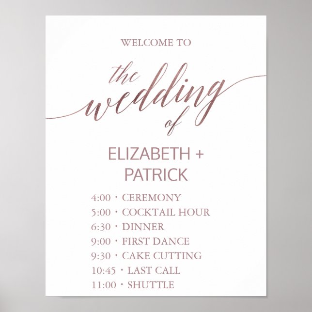 Elegant Rose Gold Calligraphy Order of Events Poster (Front)