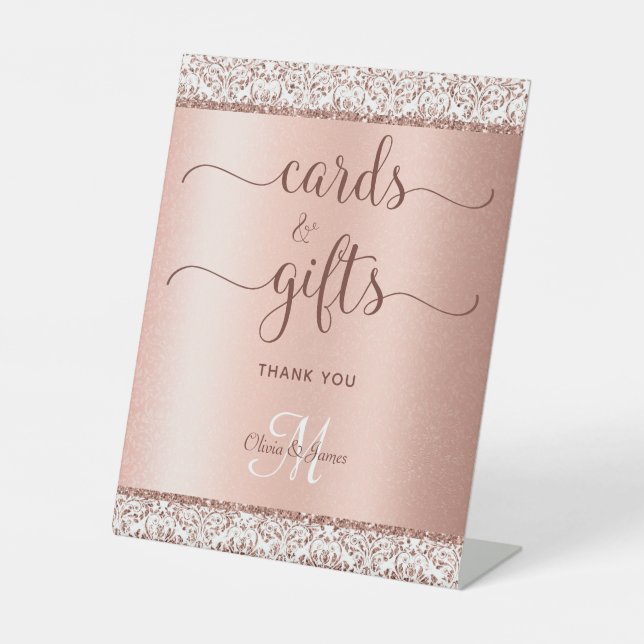 Elegant Rose Gold Calligraphy Wedding Cards Gifts Pedestal Sign (Front)