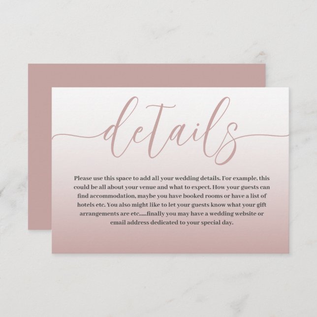 Elegant Rose Gold & Calligraphy Wedding Details En Enclosure Card (Front/Back)