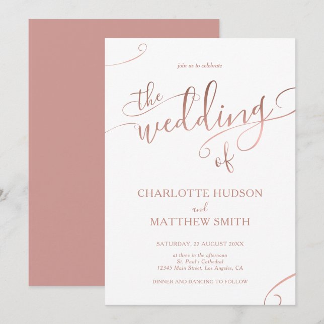 Elegant Rose Gold Calligraphy Wedding Invitation  (Front/Back)