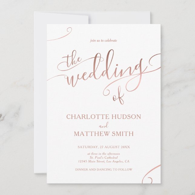 Elegant Rose Gold Calligraphy Wedding Invitation  (Front)