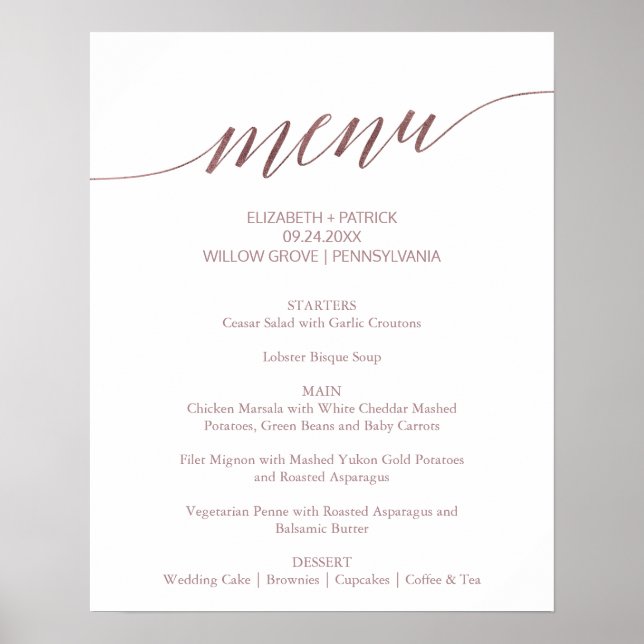 Elegant Rose Gold Calligraphy Wedding Menu Sign (Front)