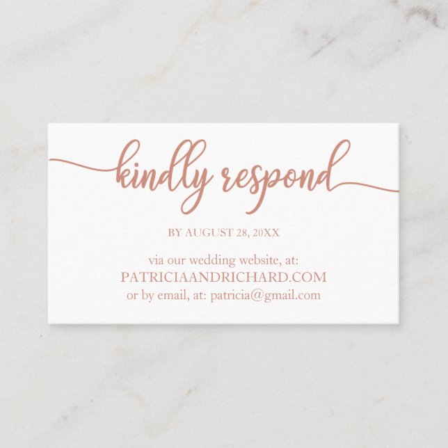 Elegant Rose Gold Calligraphy Wedding Online RSVP Business Card (Front)