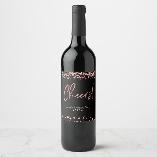 Elegant rose gold cheers wine label (Front)