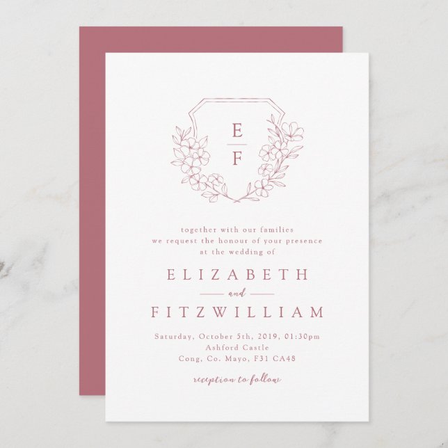 Elegant Rose Gold Cherry Blossom Monogram Crest  Invitation (Front/Back)