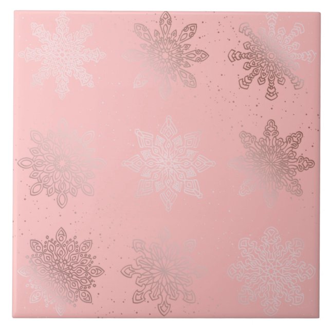 Elegant Rose Gold Christmas Snowflake Pattern Ceramic Tile (Front)
