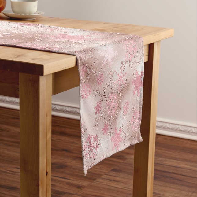 Elegant rose gold Christmas Snowflake Pattern Short Table Runner (In Situ)