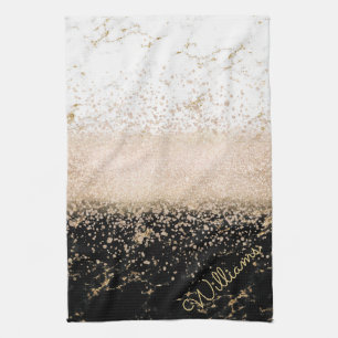 Elegant rose gold confetti marble design tea towel