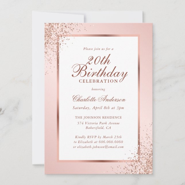 Elegant Rose Gold Confetti Pink 20th Birthday Invitation (Front)