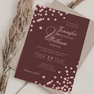 Elegant Rose Gold Confetti QR Wedding Burgundy Red Invitation