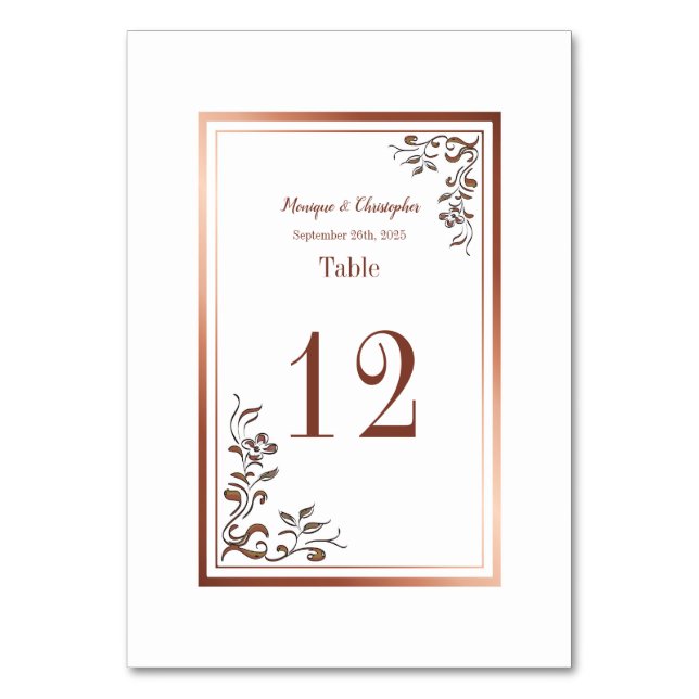 Elegant Rose Gold Copper Floral White Wedding Table Number (Front)