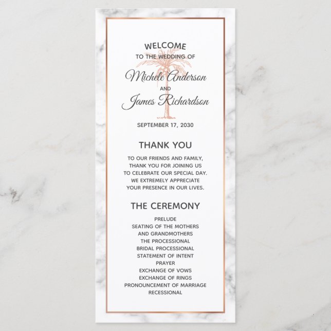 Elegant Rose Gold Copper Marble Palm Tree Wedding Program (Front)