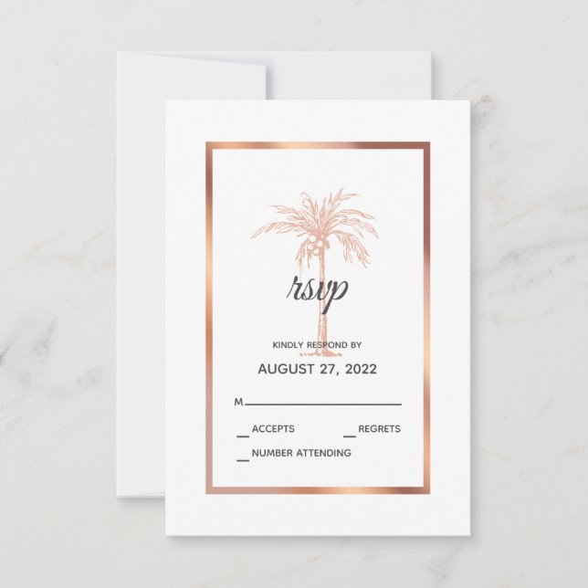 Elegant Rose Gold Copper Marble Palm Tree Wedding RSVP Card (Front)