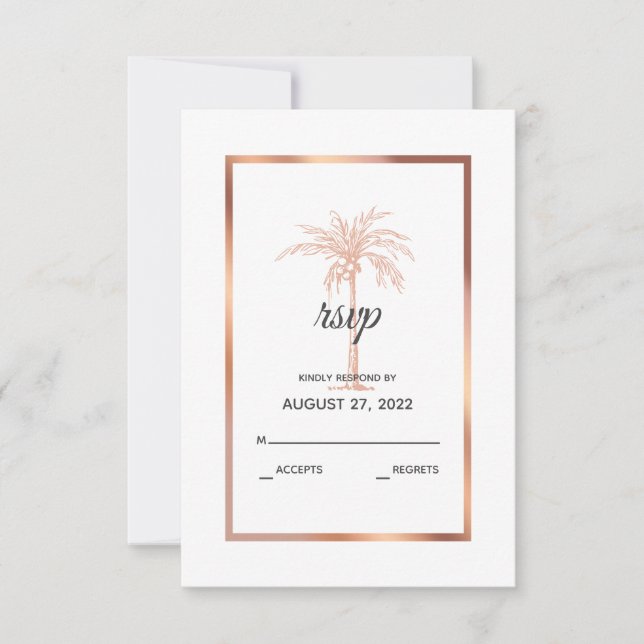Elegant Rose Gold Copper Marble Palm Tree Wedding RSVP Card (Front)