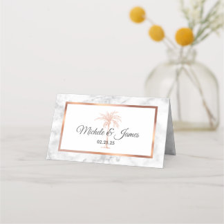 Elegant Rose Gold Copper Palm Tree Marble Wedding Place Card