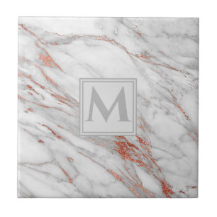 Elegant Rose Gold Copper White Marble Monogram Ceramic Tile