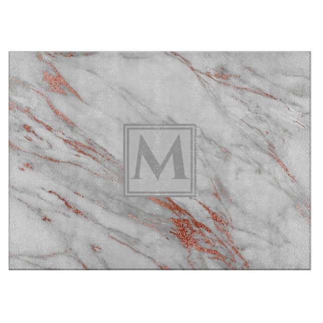 Elegant Rose Gold Copper White Marble Monogram Cutting Board (Front)