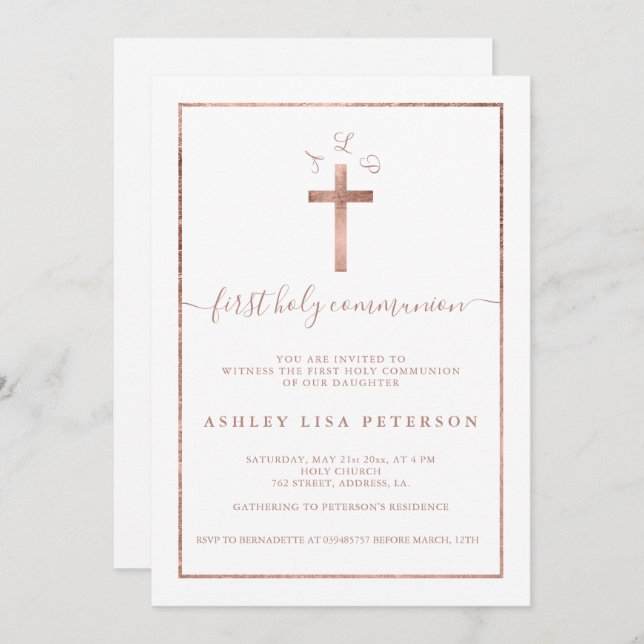 Elegant rose gold cross monogram first communion invitation (Front/Back)