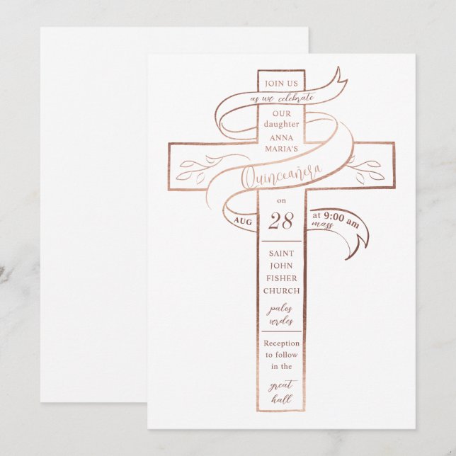 Elegant Rose Gold Cross Ribbon Quinceañera Invitation (Front/Back)