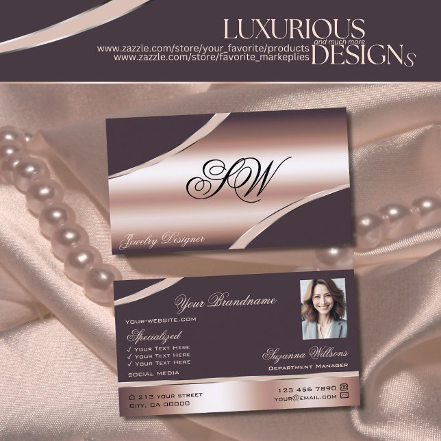 Elegant Rose Gold Curved Lines Monogram and Photo Business Card (Creator Uploaded)