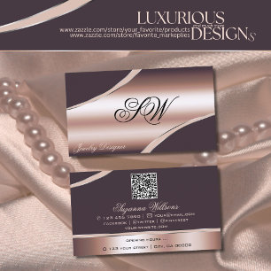 Elegant Rose Gold Curved Lines Monogram QR Code Business Card