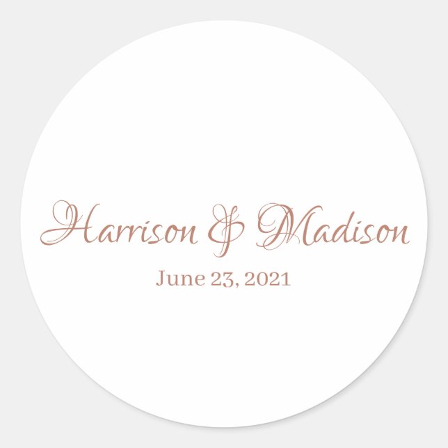 Elegant rose gold custom script names chic wedding classic round sticker (Front)