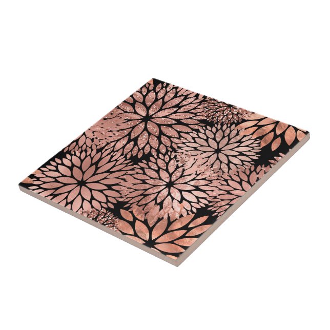 Elegant Rose Gold Dahlia Floral Ceramic Tile (Side)