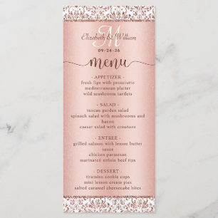 Elegant Rose Gold Damask Monogram Wedding Menu