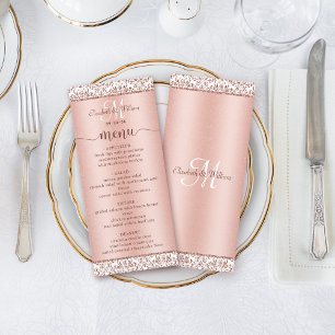 Elegant Rose Gold Damask Monogram Wedding Menu