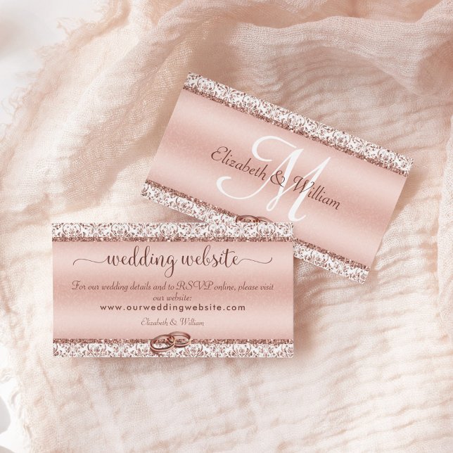 Elegant Rose Gold Damask Monogram Wedding Website Enclosure Card (Creator Uploaded)