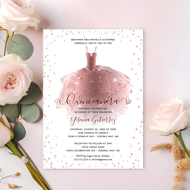 Elegant Rose Gold Diamond Quinceañera Dress Invitation (Elegant Rose Gold Diamond Quinceañera Dress Invitation)