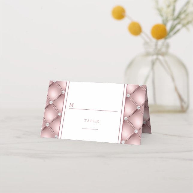 Elegant Rose Gold Diamond Tufted Wedding Place Card (Front)