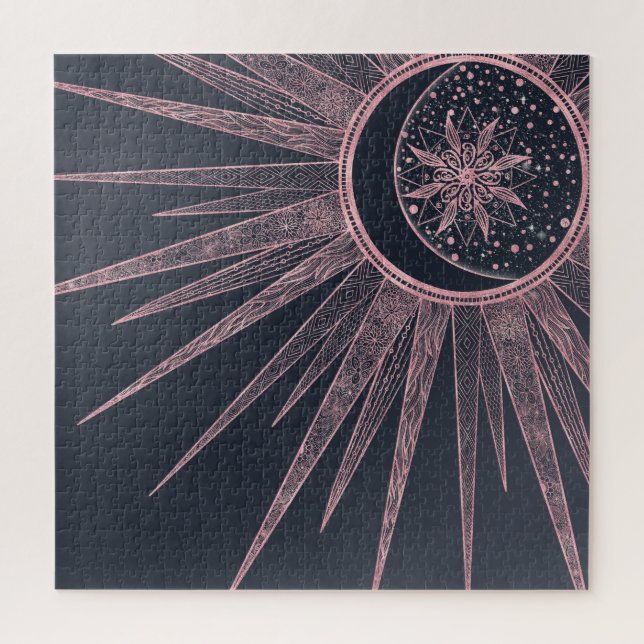 Elegant Rose Gold Doodles Sun Moon Mandala Design Jigsaw Puzzle (Vertical)