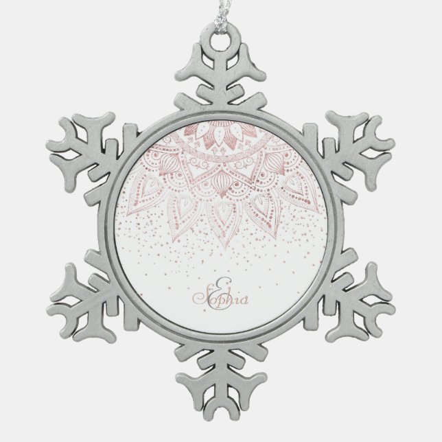 Elegant Rose Gold Dots Mandala Snowflake Pewter Christmas Ornament (Front)