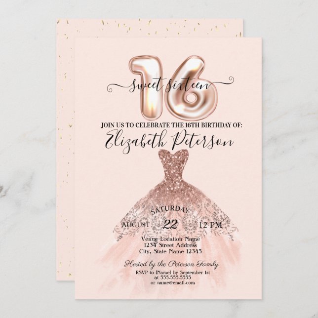 Elegant Rose Gold Dress Confetti Cream Sweet 16 Invitation (Front/Back)