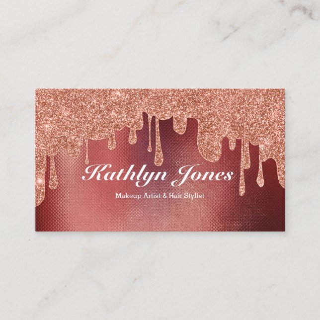 Elegant Rose Gold Dripping Makeup Hair Beauty Business Card (Front)