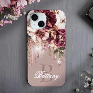 Elegant Rose Gold Drips Burgundy Floral Monogram iPhone 15 Case