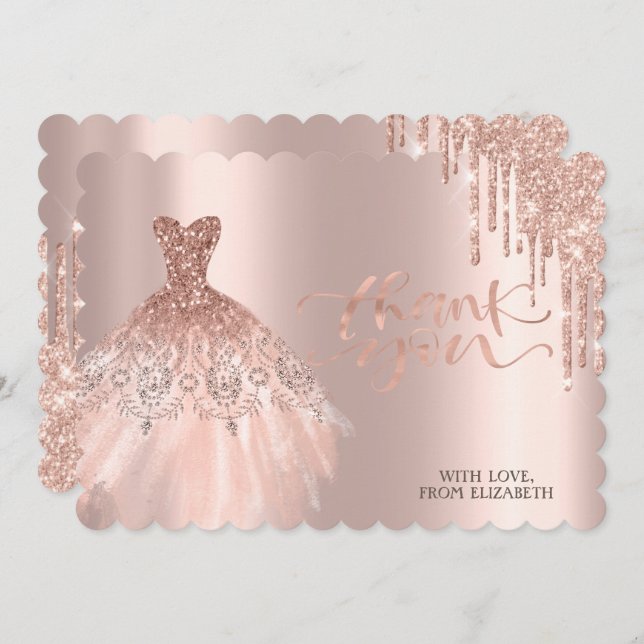 Elegant Rose Gold Drips Dress Thank You Card (Front/Back)