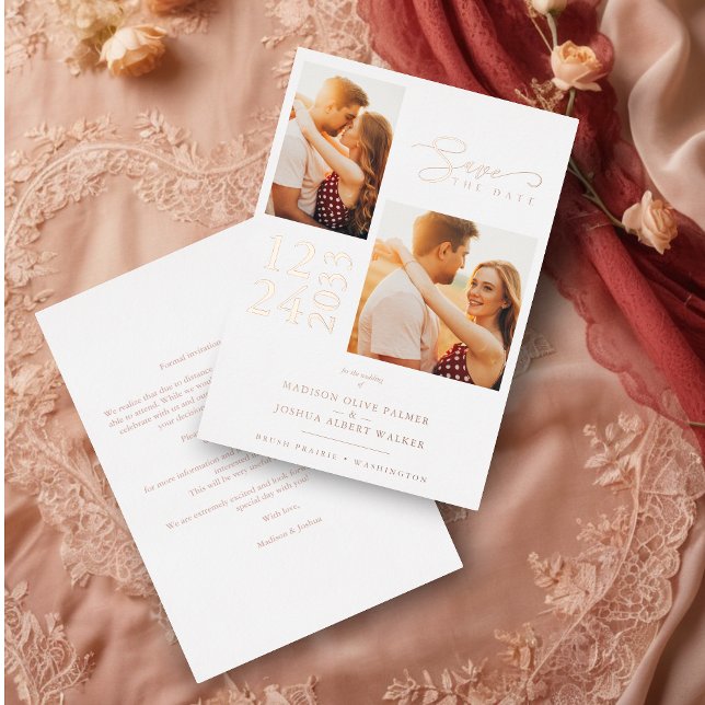 Elegant Rose Gold Effect 2 Photos Chic Wedding (Elegant Rose Gold Effect 2 Photos Sophisticated Wedding Real Metallic Foil Save the date card.)