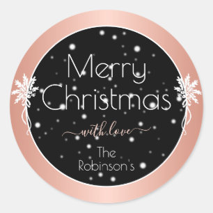 Elegant Rose Gold Effect Xmas Snowflakes on Black Classic Round Sticker