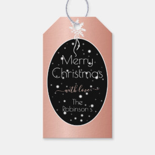 Elegant Rose Gold Effect Xmas Snowflakes on Black Gift Tags