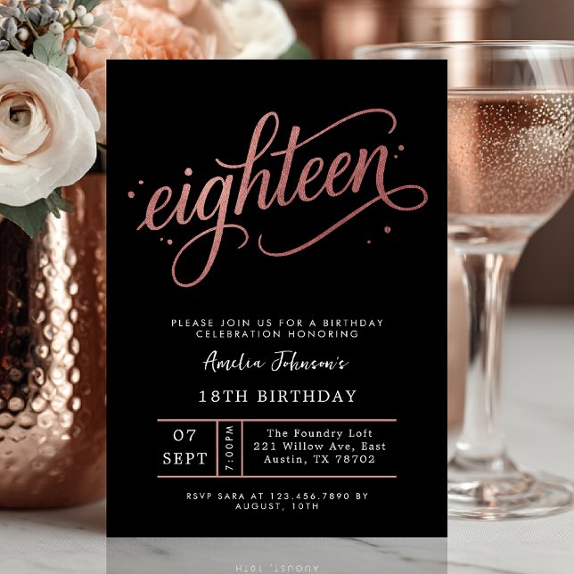 Elegant Rose Gold Eighteen 18th Birthday  Invitation (Eighteen and elegant ✨ Celebrate in style with this luxe rose gold and black birthday invite.)