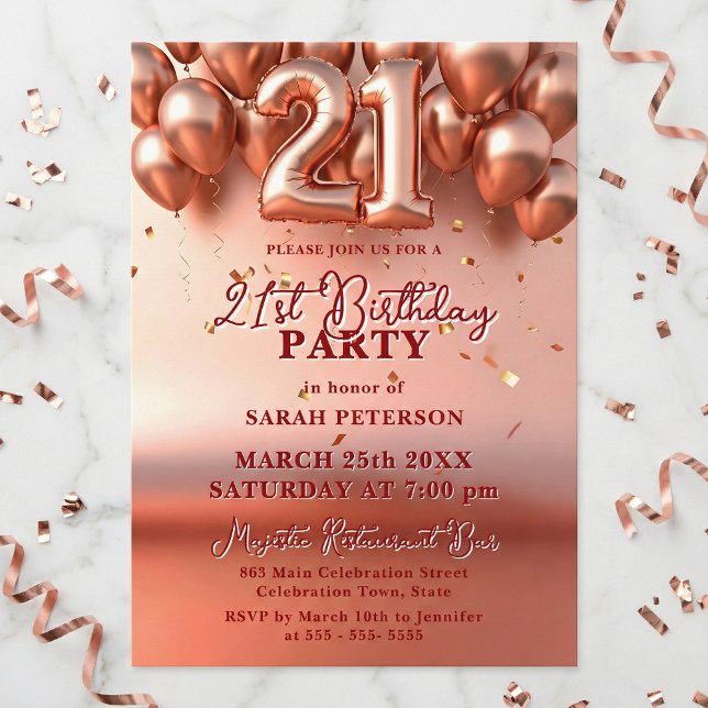Elegant Rose Gold Faux Foil Balloons 21st Birthday Invitation (Creator Uploaded)