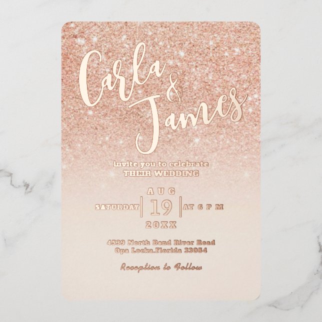 Elegant Rose gold Faux Glitter chic Wedding (Front)