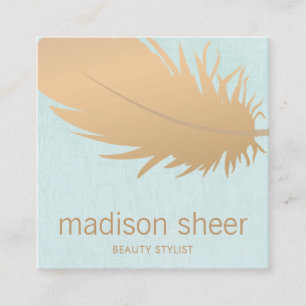 Elegant Rose Gold Feather Turquoise Blue Linen Square Business Card